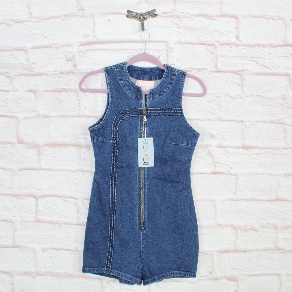 NEW Revice Blue Cotton Zip Front Rollergirl Playsuit Denim Romper Size L - Picture 1 of 10